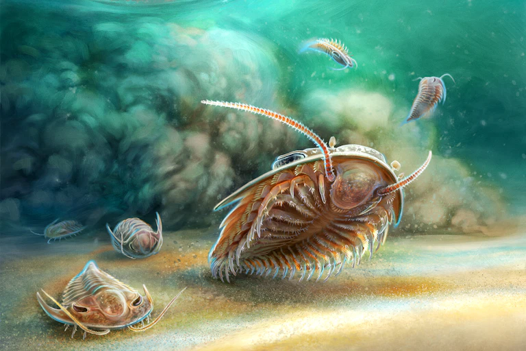 Illustration of a trilobite frolicking in the sea while a volcanic eruption looms in the distance.