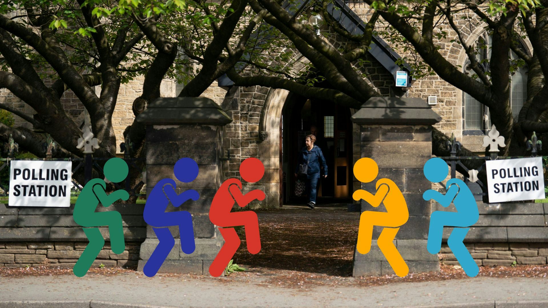 Five figures in the colours of green, dark blue, red, orange, and light blue, sneak into a polling station.