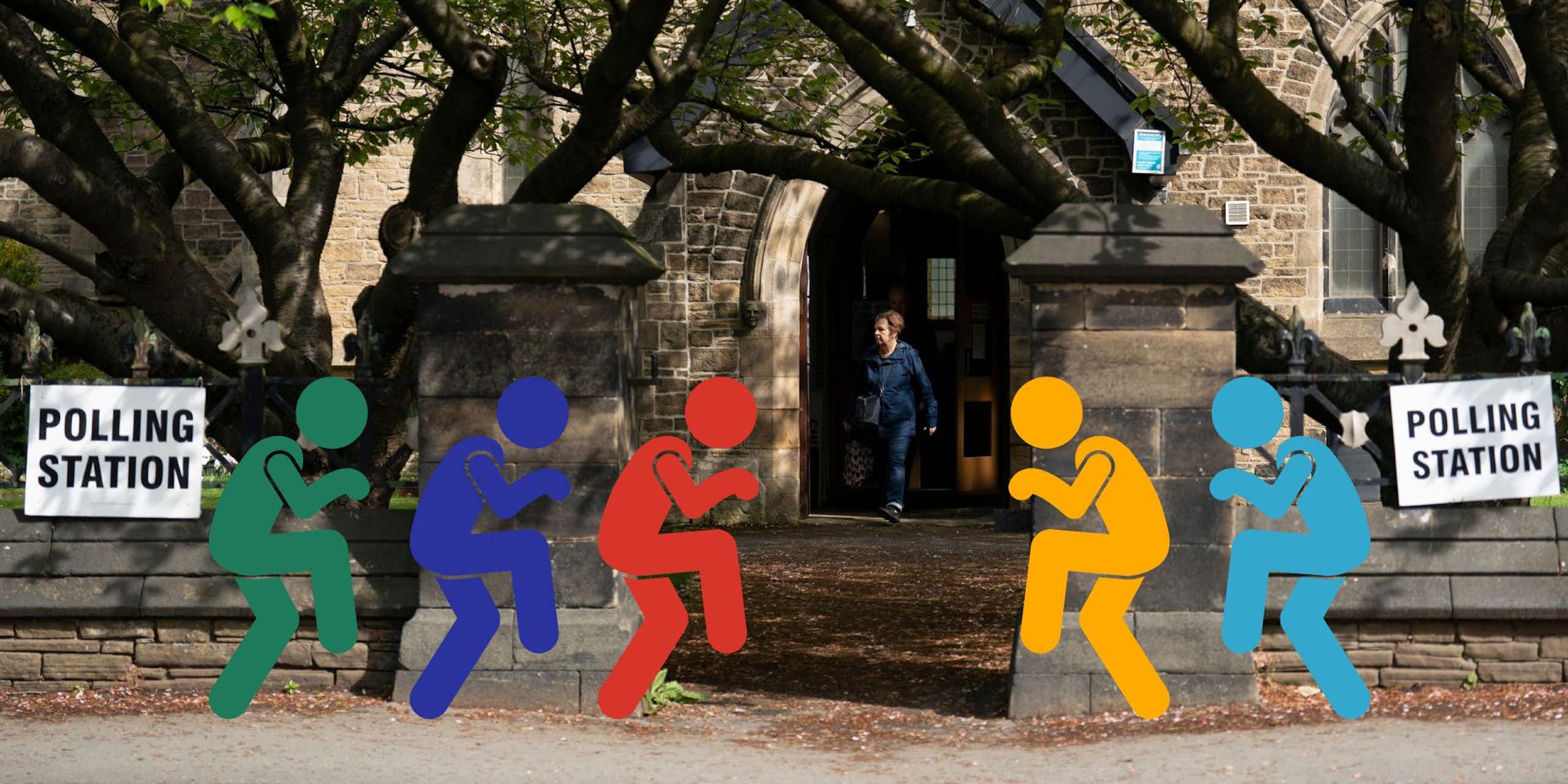 Five figures in the colours of green, dark blue, red, orange, and light blue, sneak into a polling station.