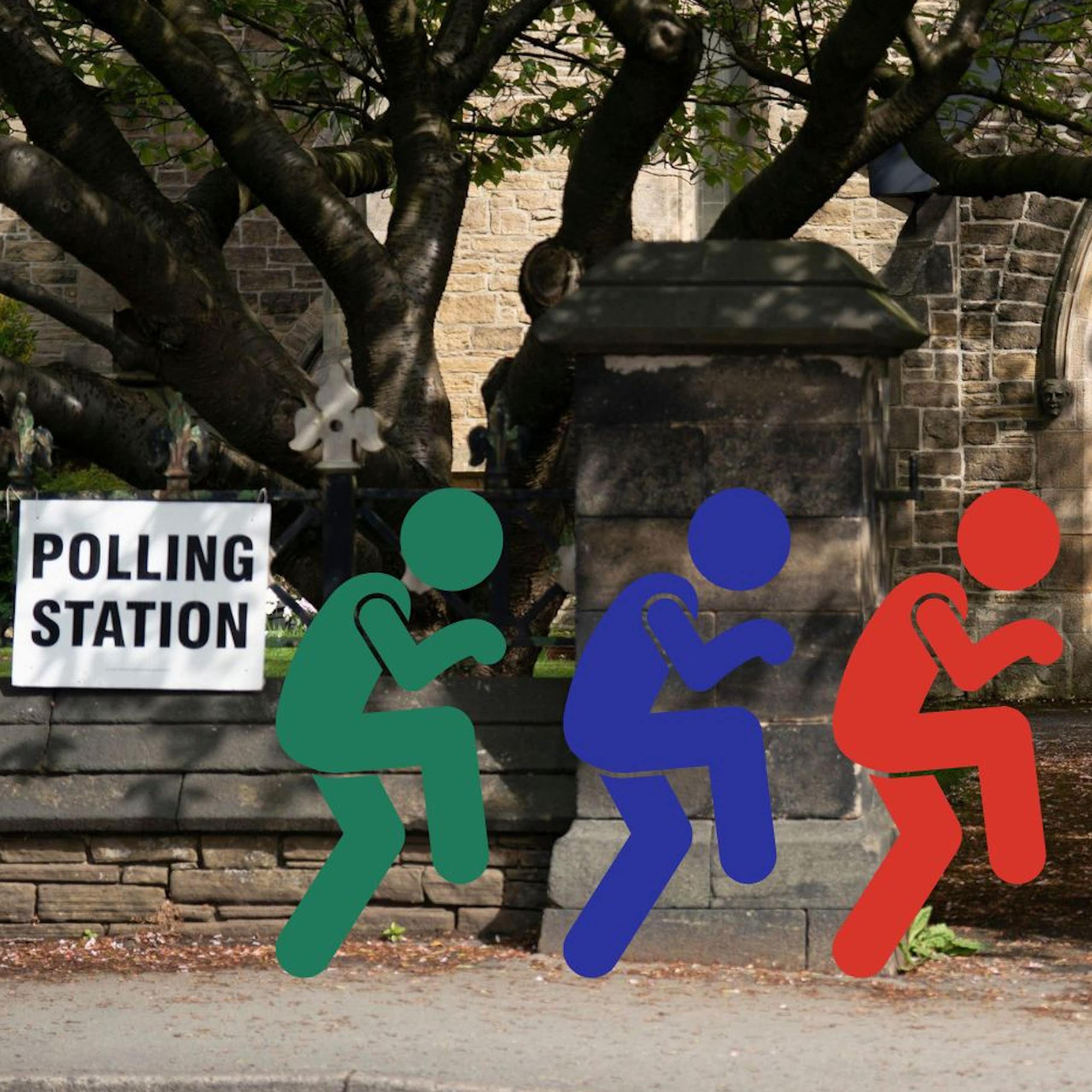 Five figures in the colours of green, dark blue, red, orange, and light blue, sneak into a polling station.