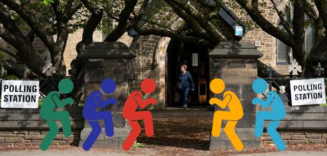 Five figures in the colours of green, dark blue, red, orange, and light blue, sneak into a polling station.