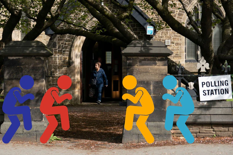 Five figures in the colours of green, dark blue, red, orange, and light blue, sneak into a polling station.