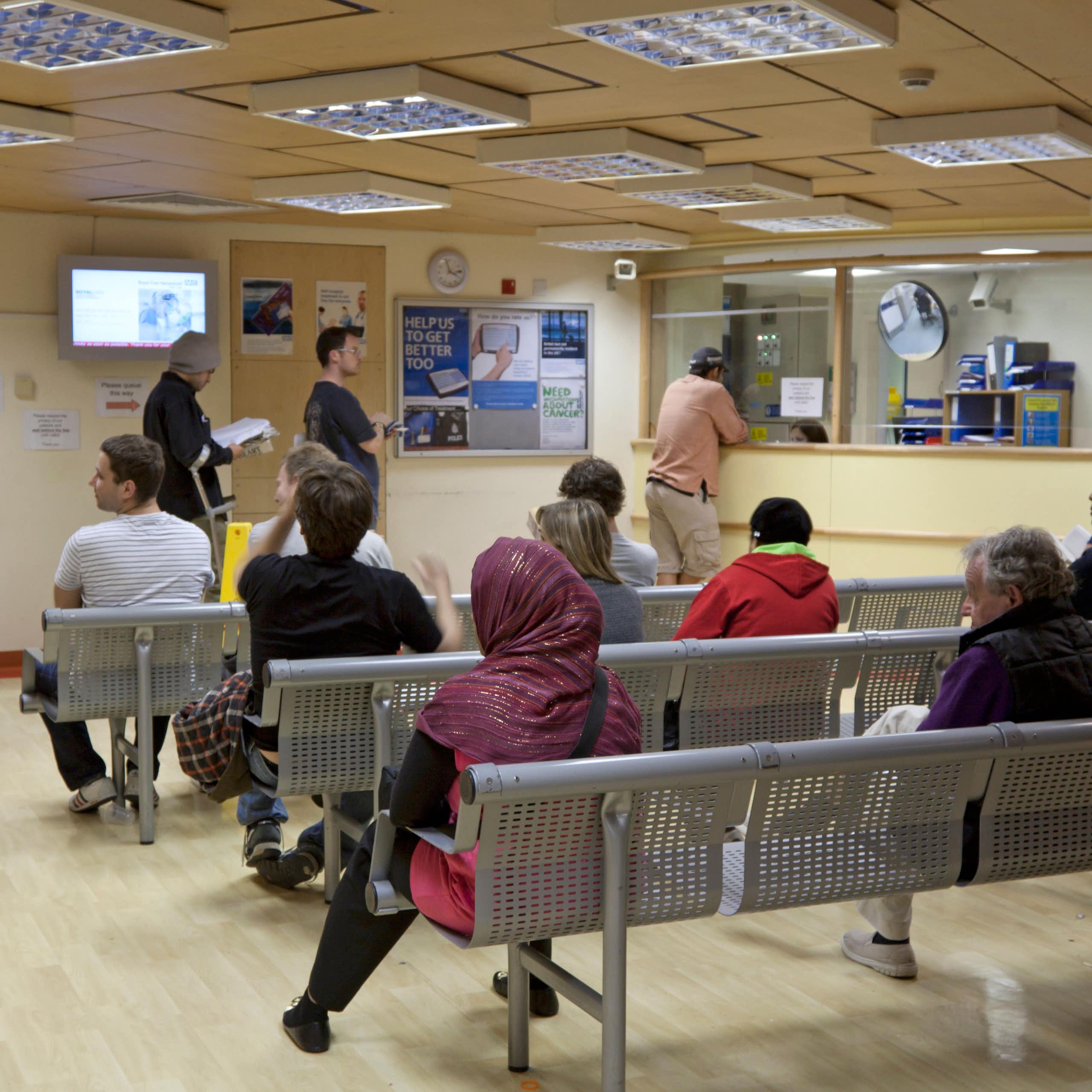 People in the waiting room at the Royal Free Hospital in London