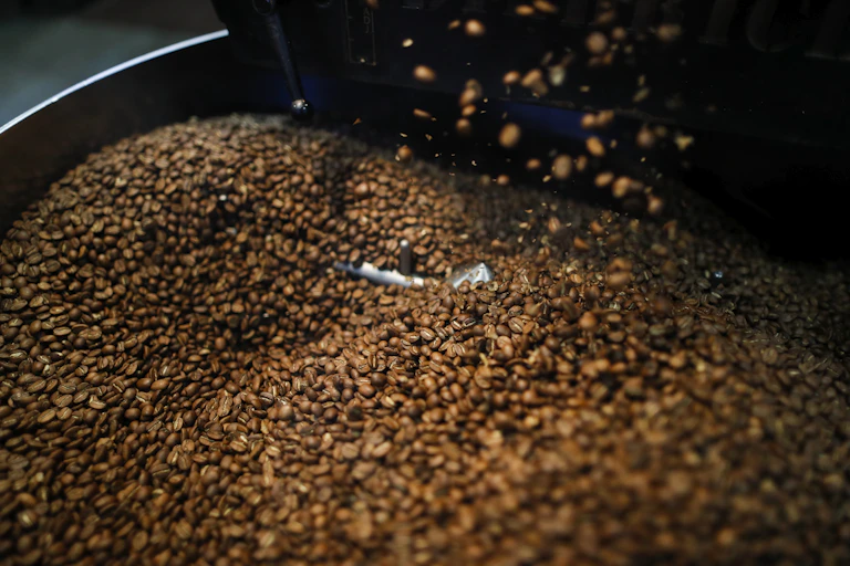 A large pile of coffee beans in a metal bin.