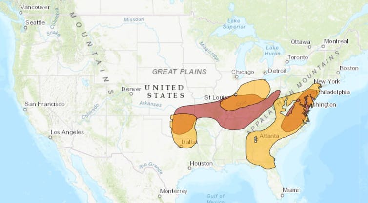 A US map showing the risk of sudden drought from New York to Florida and across Ohio.