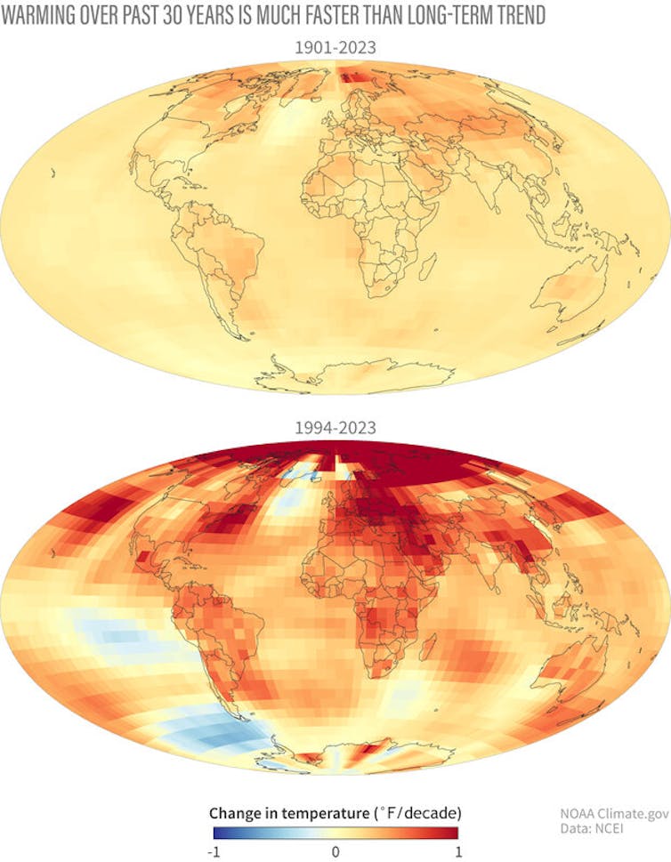 Two global maps show much faster warming per decade over the past 30 years than in the past 120 years.
