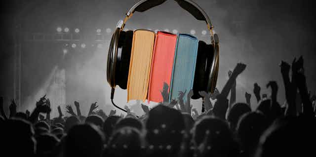 A pair of headphones around a stack of books, superimposed over a black and white image of a crowd at a live music venue