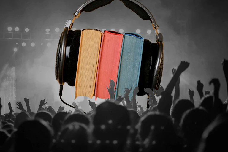 A pair of headphones around a stack of books, superimposed over a black and white image of a crowd at a live music venue