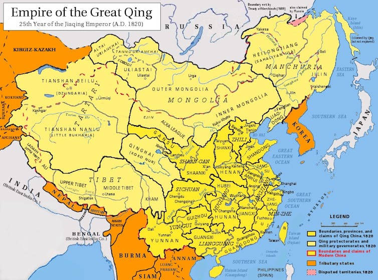 A map of the Qing dynasty marked by the boundaries of modern-day China.
