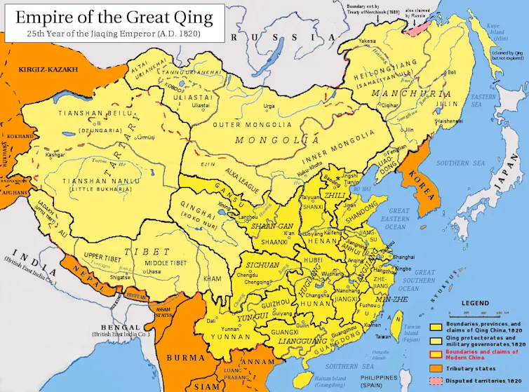 A map of the Qing dynasty marked by the boundaries of modern-day China.