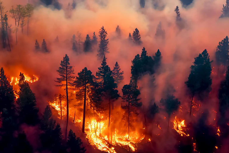 Large wildfire in forest