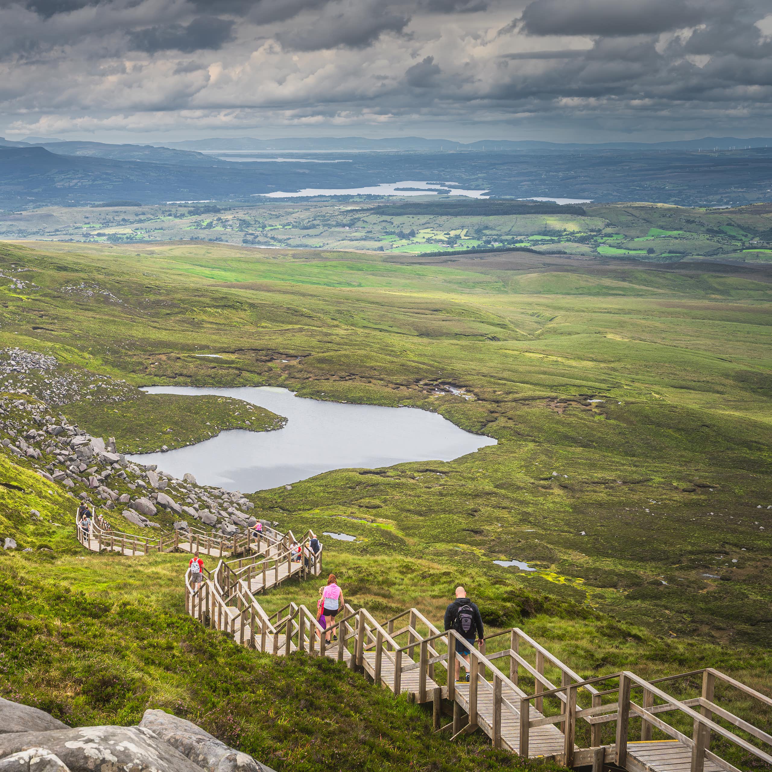 Hikers on the Cuilcagh (Stairway to Heaven) hiking trail in County Fermanagh.