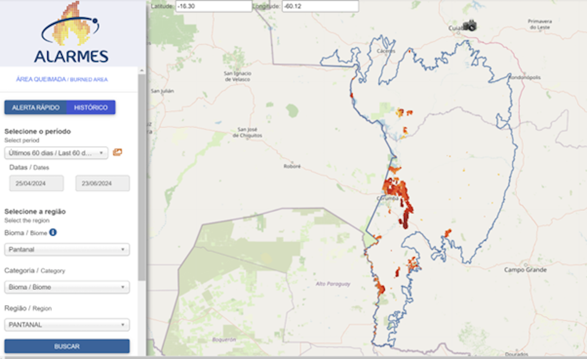 A imagem mostra um mapa com as áreas queimadas no Pantanal até junho de 2024, identificadas através da plataforma ALARMES do LASA