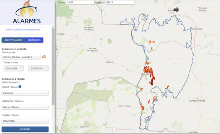 A imagem mostra um mapa com as áreas queimadas no Pantanal até junho de 2024, identificadas através da plataforma ALARMES do LASA