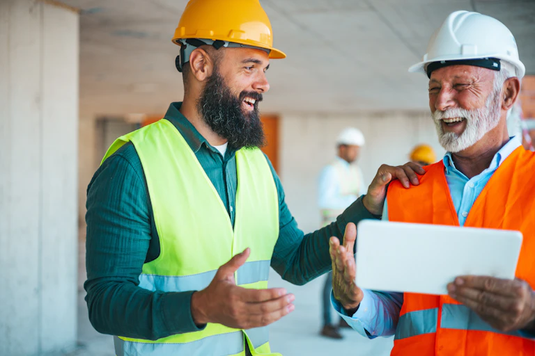 older man on construction site with younger colleague