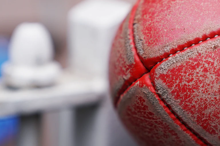 A close-up look of an Australian rules football