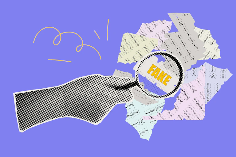 An illustration of a hand with a magnifying glass over torn up paper