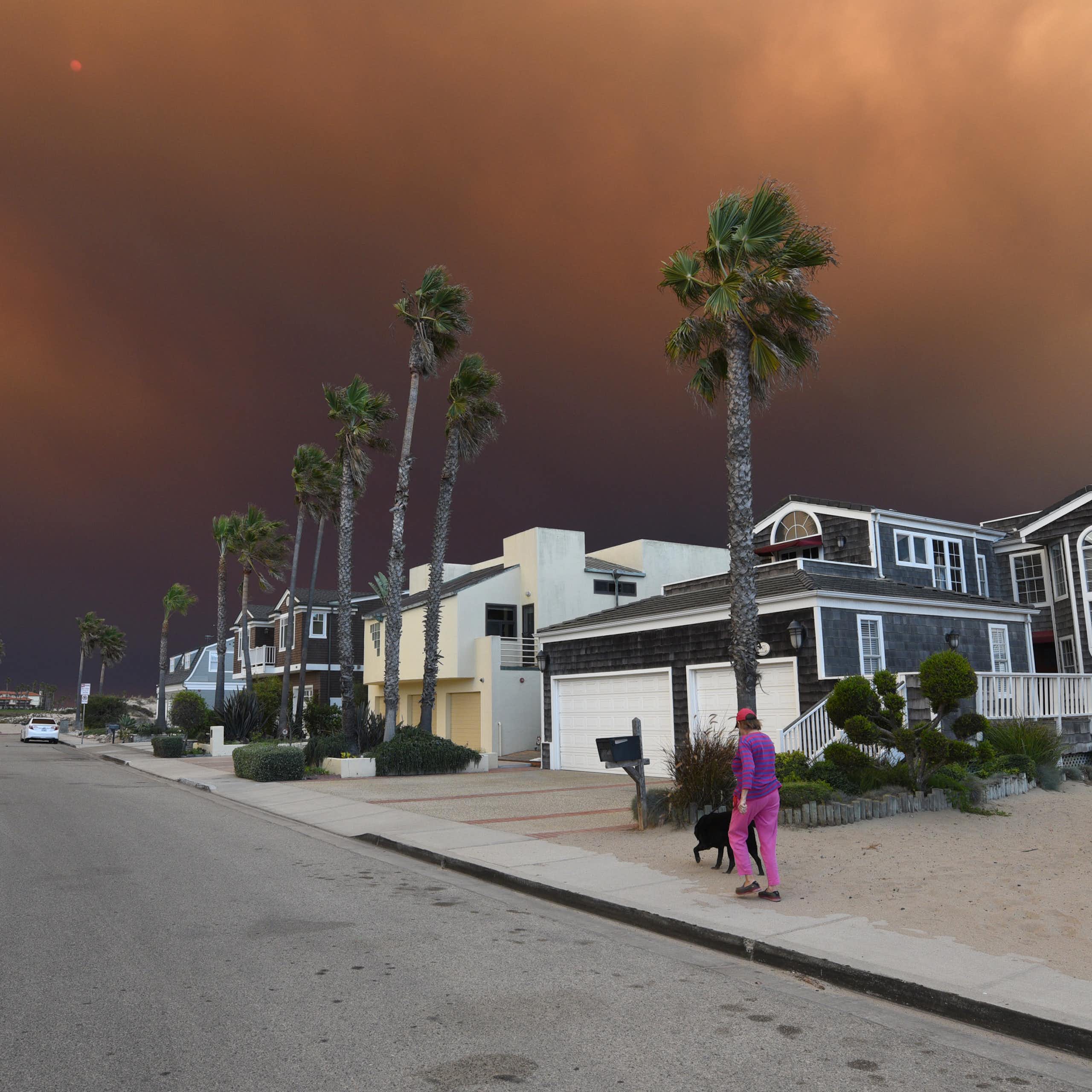 A person walks a dog in a residential neighborhood of Oxnard as orange wildfire turns the sky dark overhead. The street is lined with palm trees and is otherwise empty...