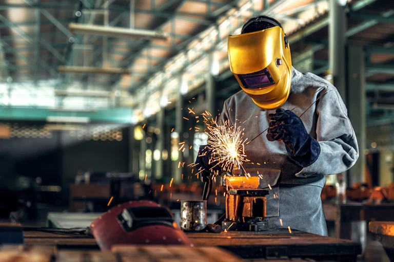 Worker welder working welding steel in industry with safety mask safety gloves and safety equipment