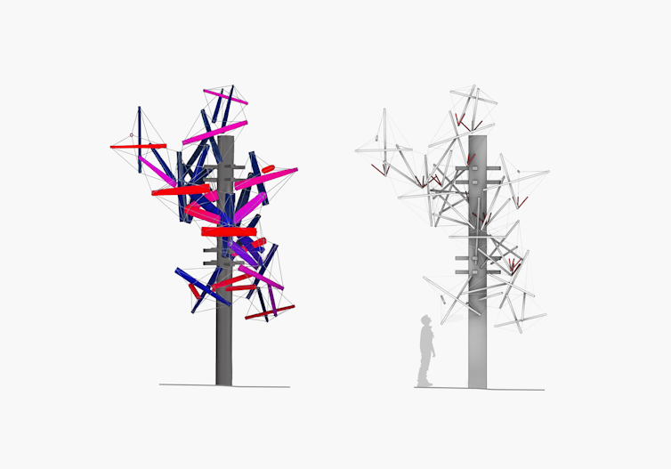 Photo showing different designs for additions to a power pole.