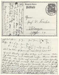 Recto et verso d’une carte postale. On peut y voir des équations écrites à la main