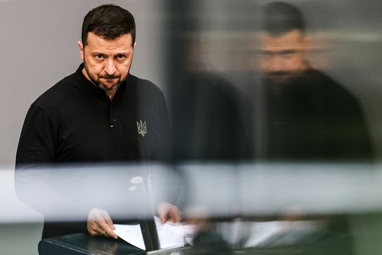 Ukrainian president,Volodymyr Zelensky delivering a speech.
