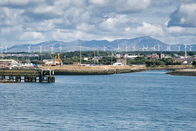 A view of a harbour from the water.