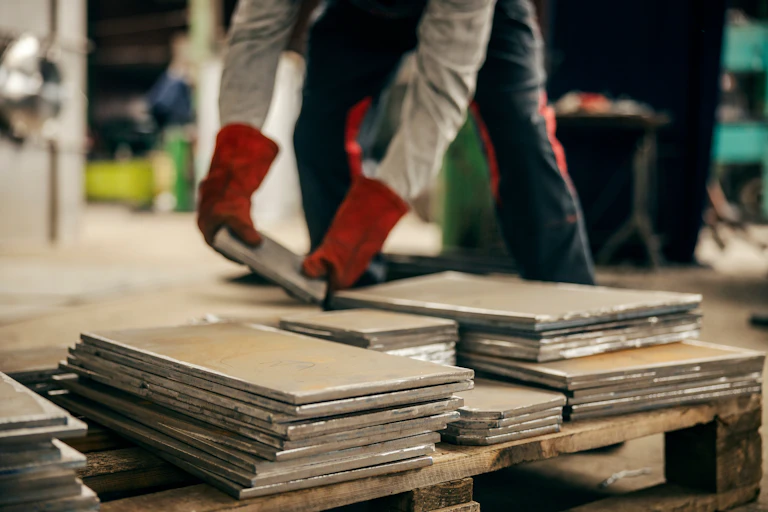 Photo d’un ouvrier portant des carrelages sur un chantier.