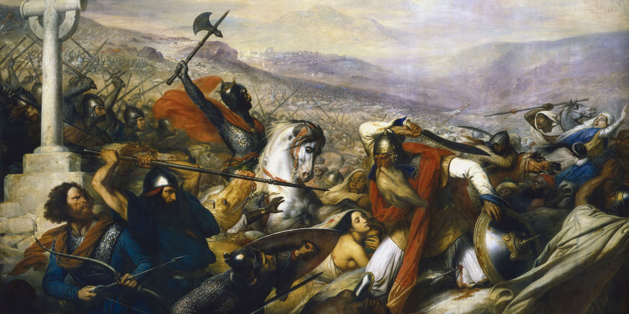La bataille de Poitiers en 732, dépeignant un Charles Martel triomphant (chevauchant) faisant face à Abd al-Rahmân al-Rhafiqi (droite). Peinture (1837) de Charles de Steuben.