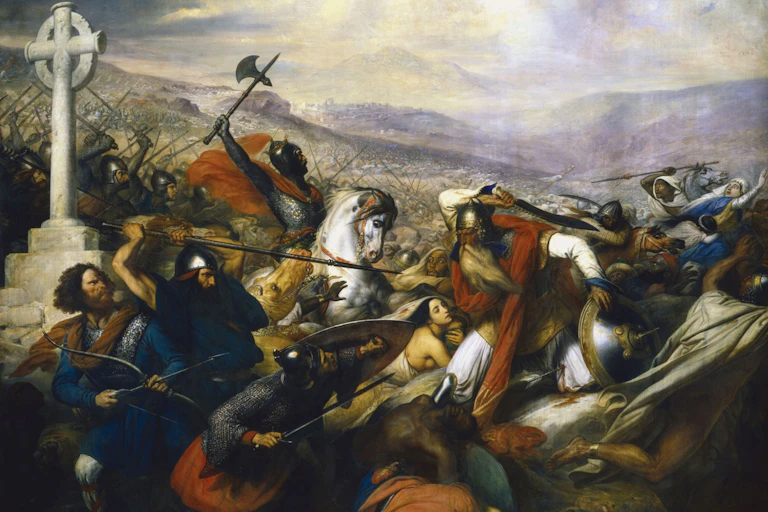 La bataille de Poitiers en 732, dépeignant un Charles Martel triomphant (chevauchant) faisant face à Abd al-Rahmân al-Rhafiqi (droite). Peinture (1837) de Charles de Steuben.