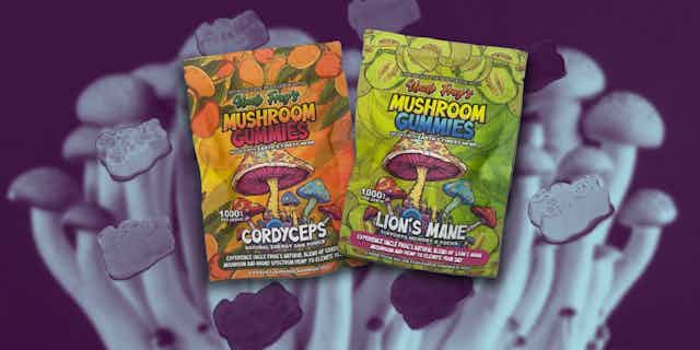 The packets of the mushroom gummies: Cordyceps (left) and Lion's Mane (right).