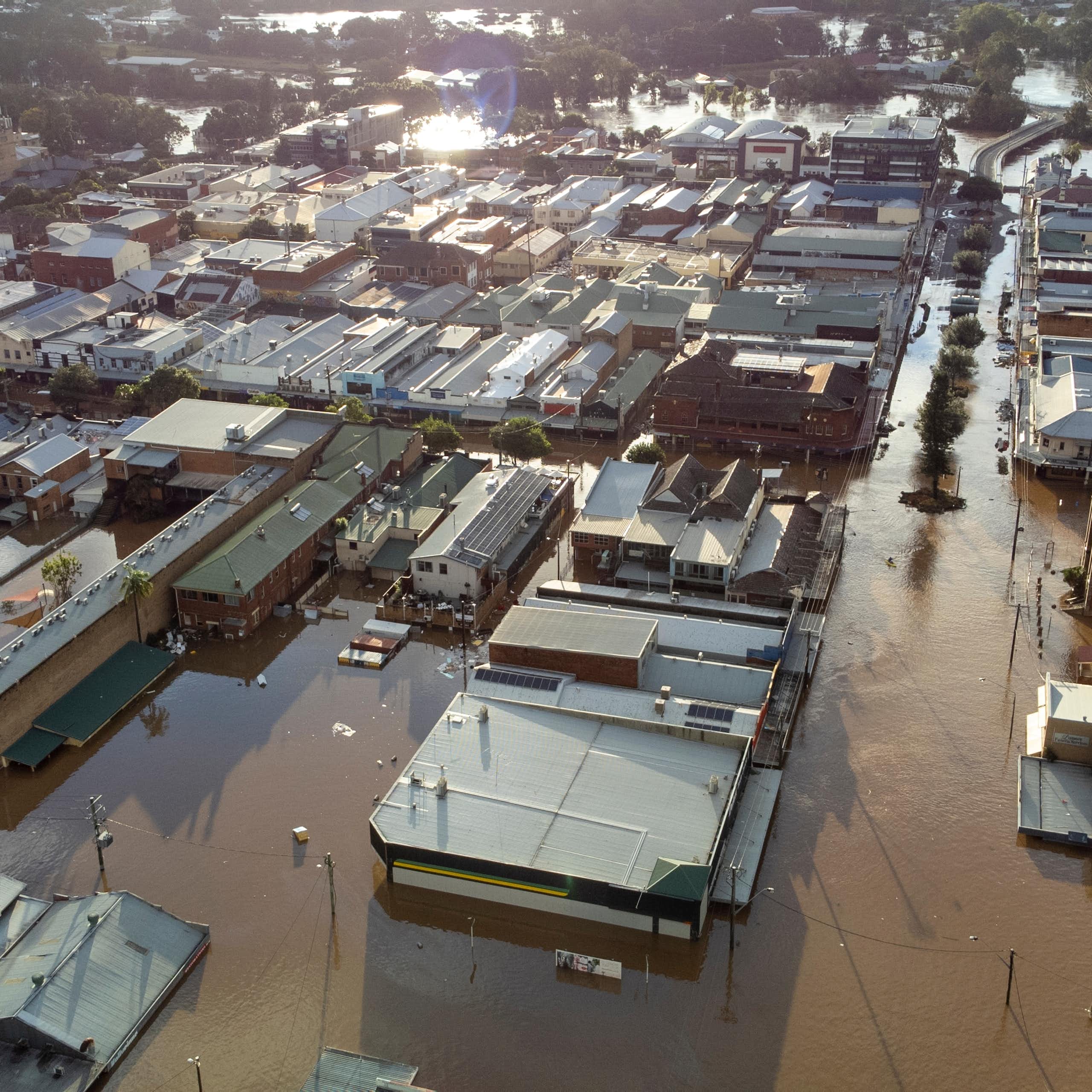 Aerial showing Lismore in flood at sunset