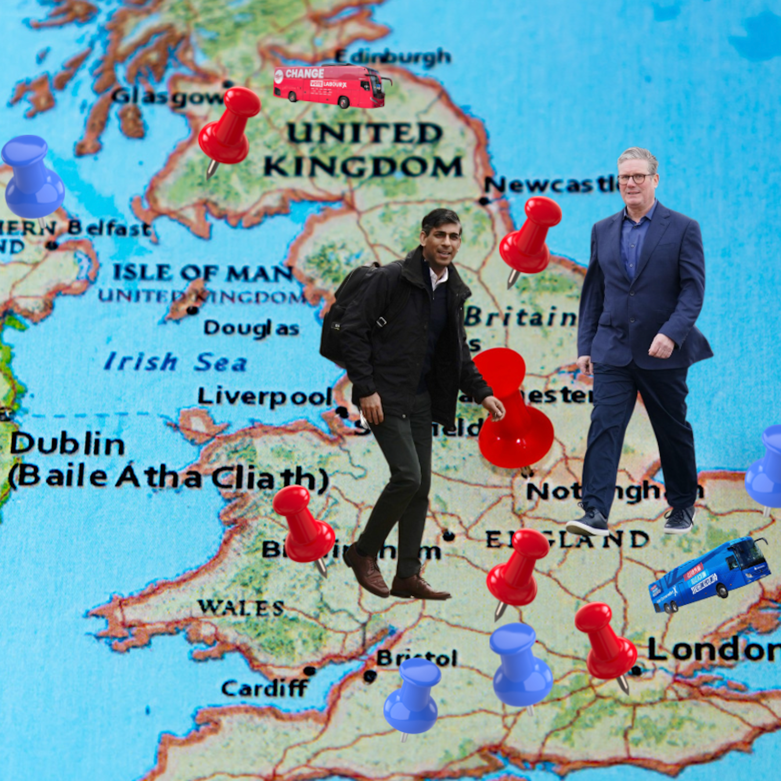 Rishi Sunak and Keir Starmer walk across a map of the UK with blue and red pins in it.