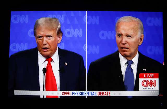 Screenshots of Donald Trump and Joe Biden during the CNN presidential debate, June 27 2024.
