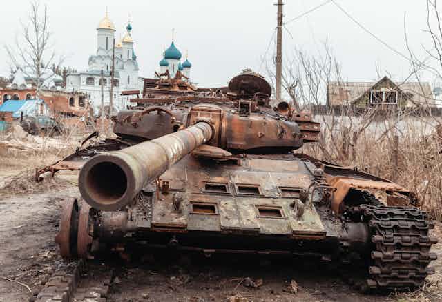 A burnt-out Russian tank in Svyatogirsk, Donetsk region, Ukraine.