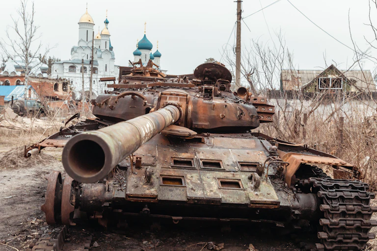A burnt-out Russian tank in Svyatogirsk, Donetsk region, Ukraine.