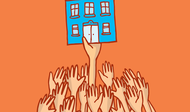 Cartoon of many hands competing to open the door of a house