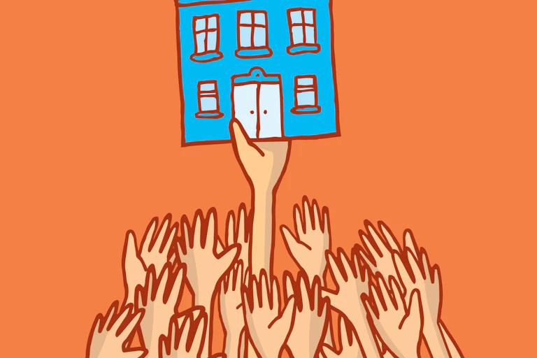 Cartoon of many hands competing to open the door of a house