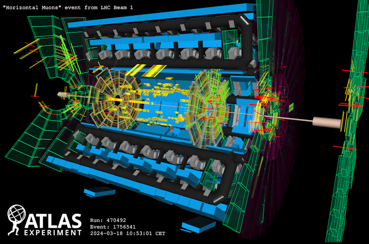A visualization of the tile calorimeter, with red lines passing through green wheels and yellow panels.