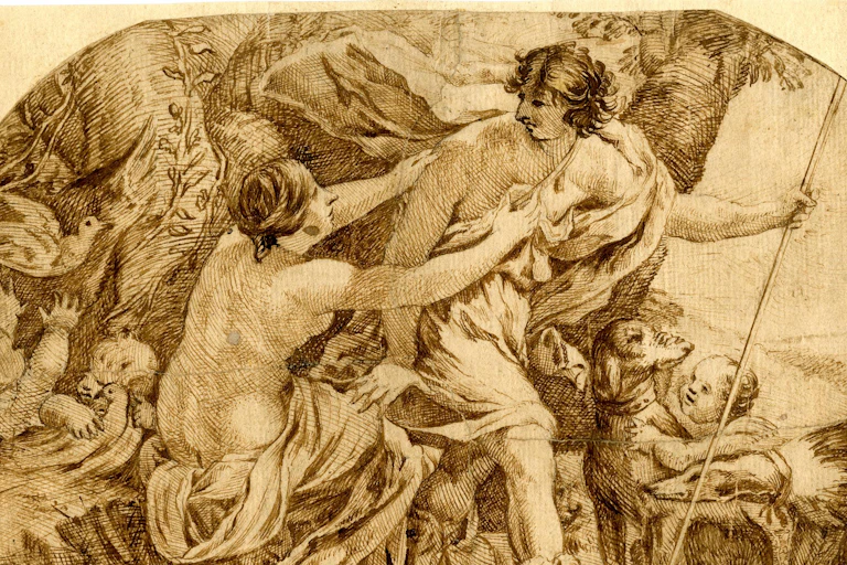Artwork showing a man and woman embracing surrounded by children and animals