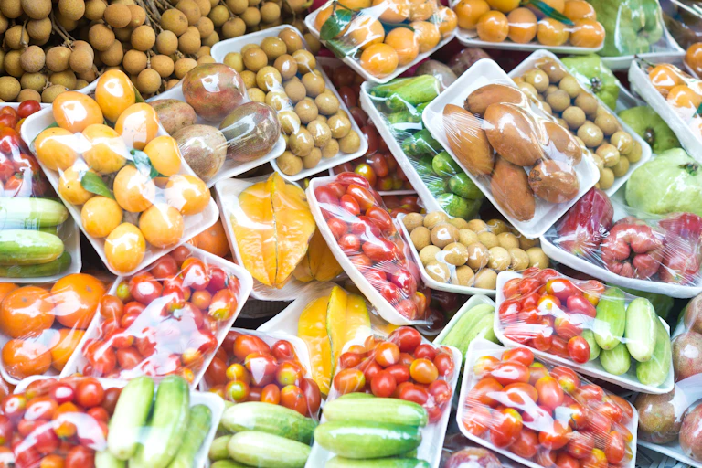 A variety of fruits and vegetables in plastic packing