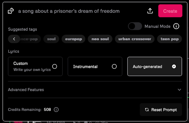 Screenshot showing the input window of the Udio website.