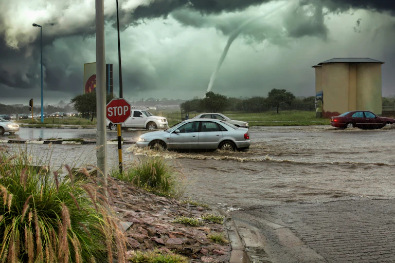 Une tornade dans un paysage avec une route innondée