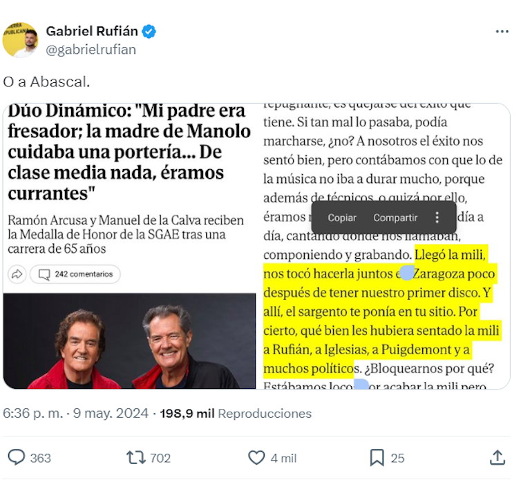 Tuit de Gabriel Rufián como ejemplo de zasca