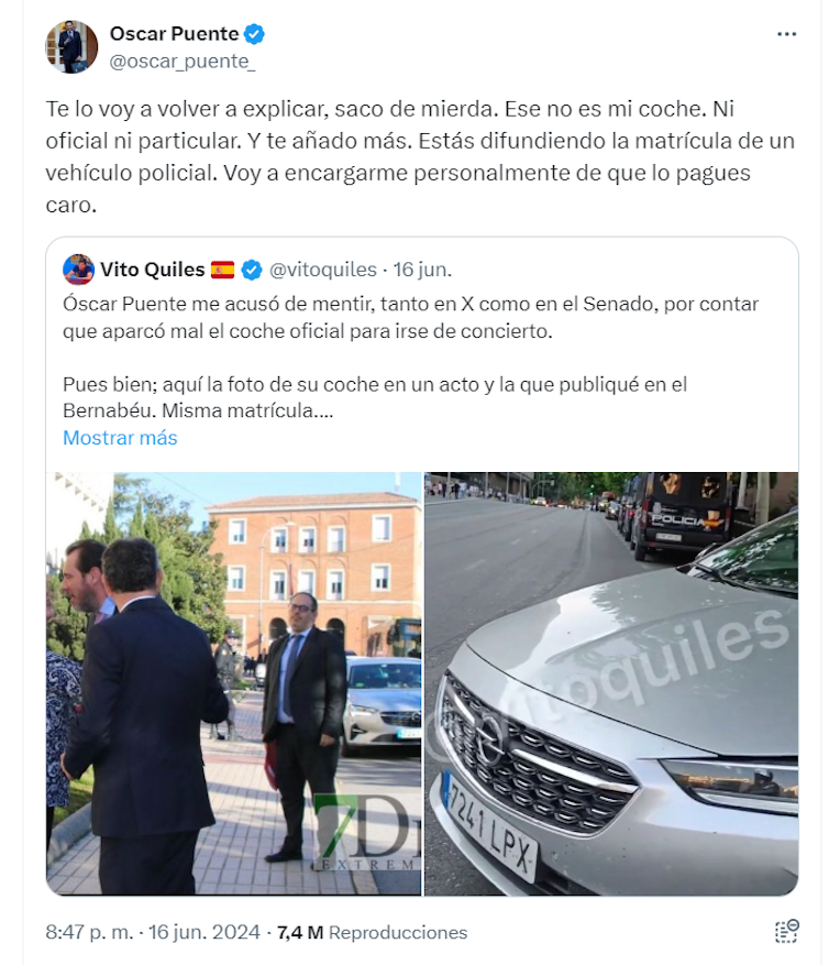 Tuit de Óscar Puente insultado a Vito Quiles