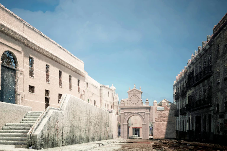 Recreación de la Puerta Real en su actual entorno urbano.