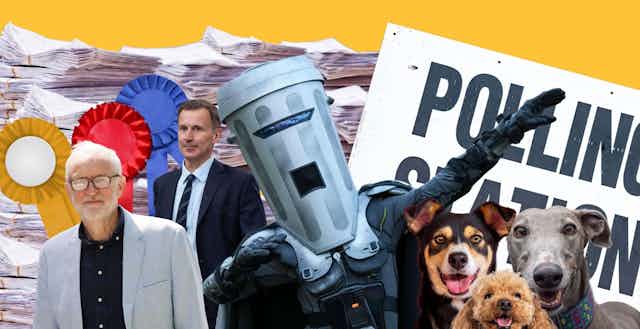 Jeremy Corbyn, Jeremy Hunt, Count Binface and some dogs in front of a sign for a polling station.