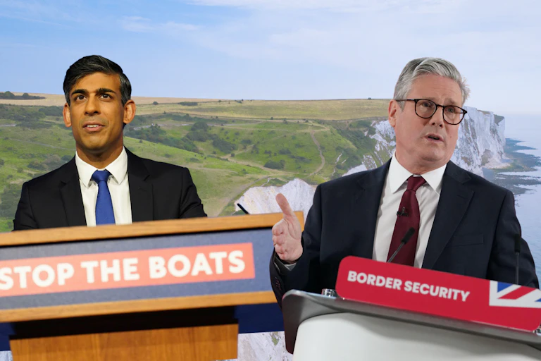 Photo collage of rishi sunak and keir starmer with their respective migration slogans in front of the white cliffs of dover
