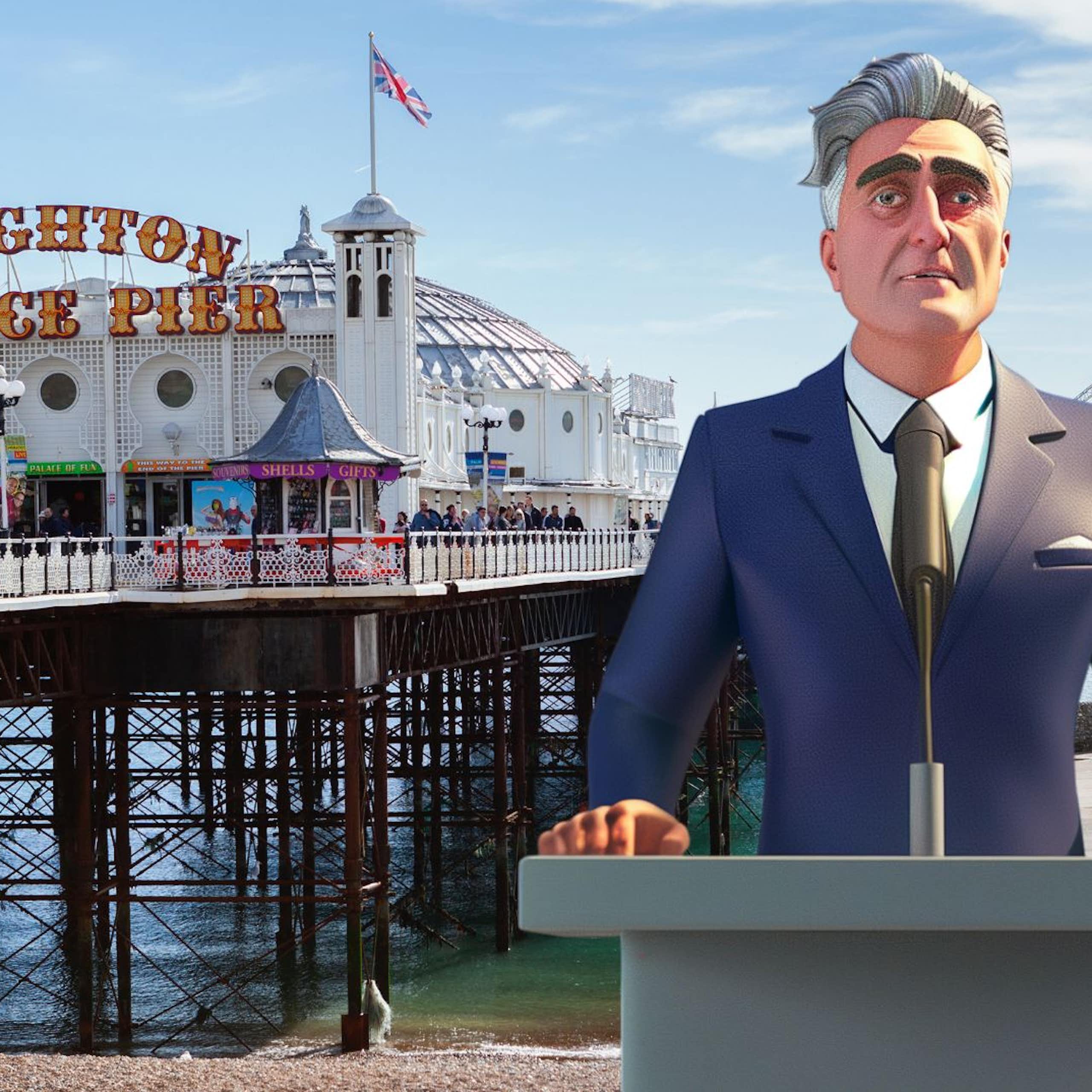 AI Steve at at a podium in front of Brighton Pier.