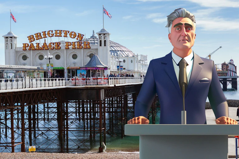 AI Steve at at a podium in front of Brighton Pier.